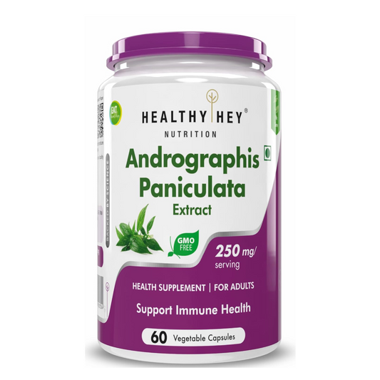 Supplement container labeled 'Healthy Hey Nutrition Andrographis Paniculata Extract' on a white background