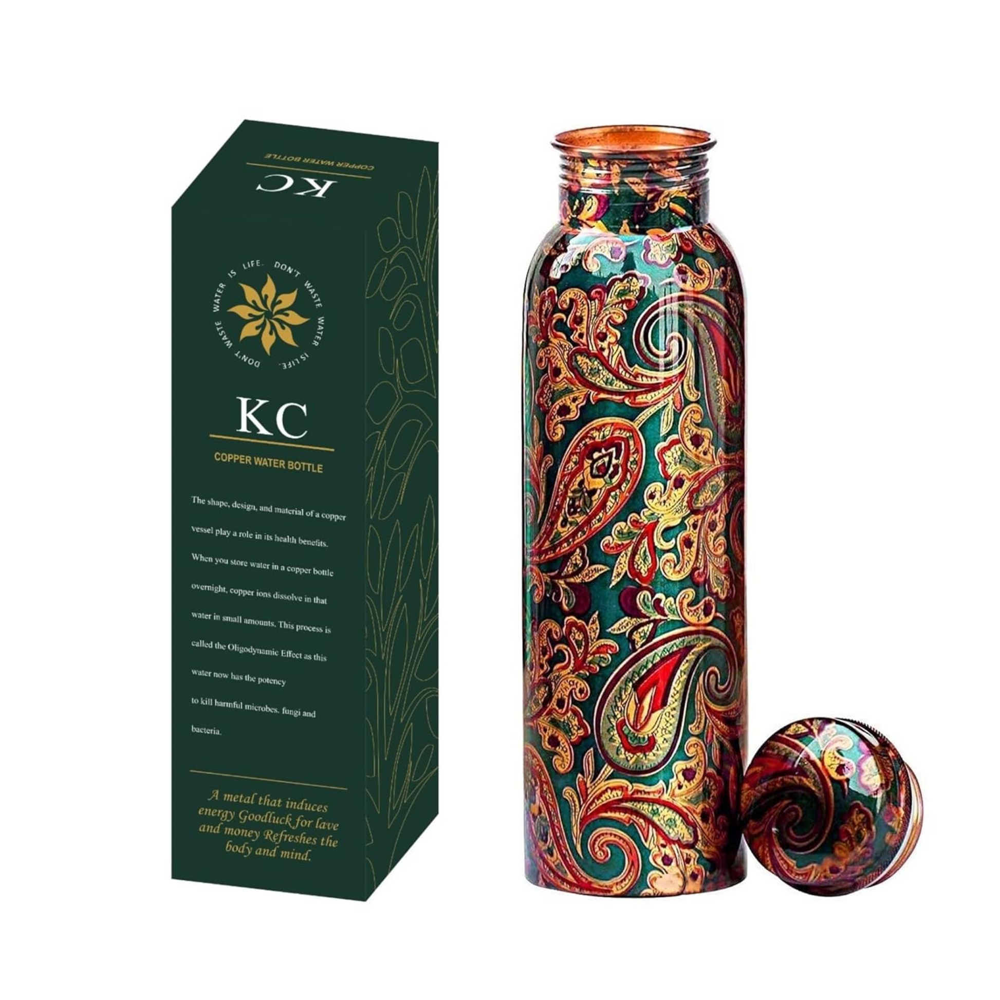 Decorative copper water bottle with paisley patterns and matching box on a white background