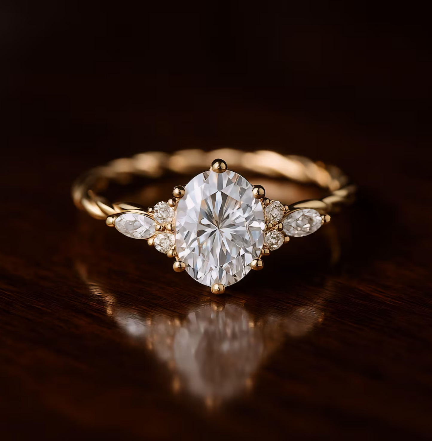 Gold ring with a large diamond and smaller diamonds on a dark background
