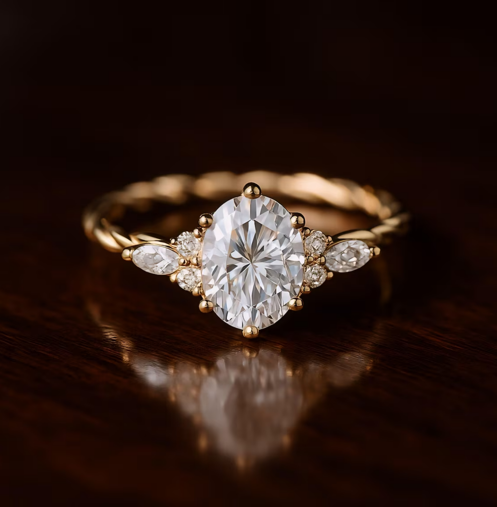 Gold ring with a large diamond and smaller diamonds on a dark background