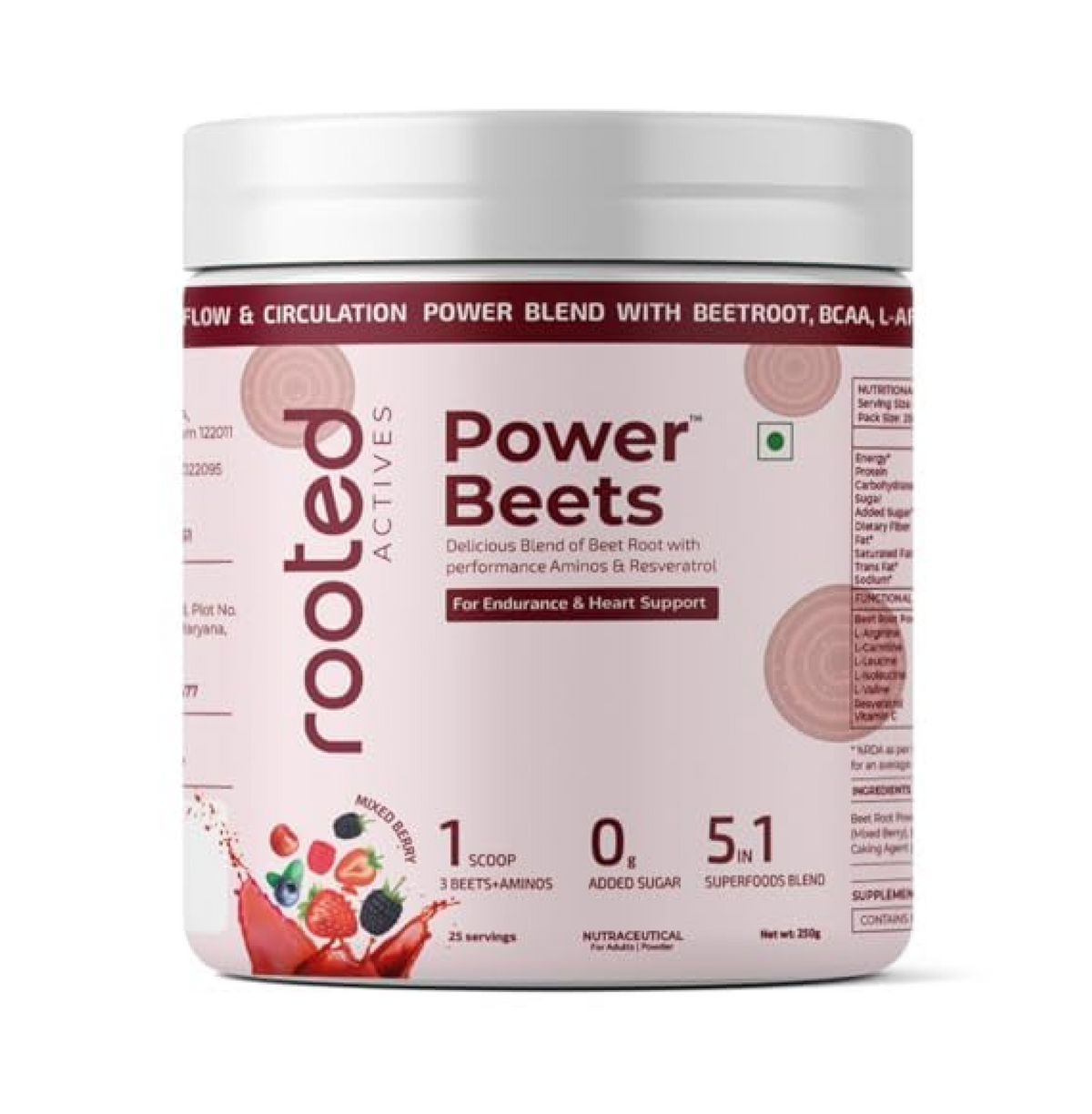 Container of Power Beets supplement with 'rooted' branding on a white background