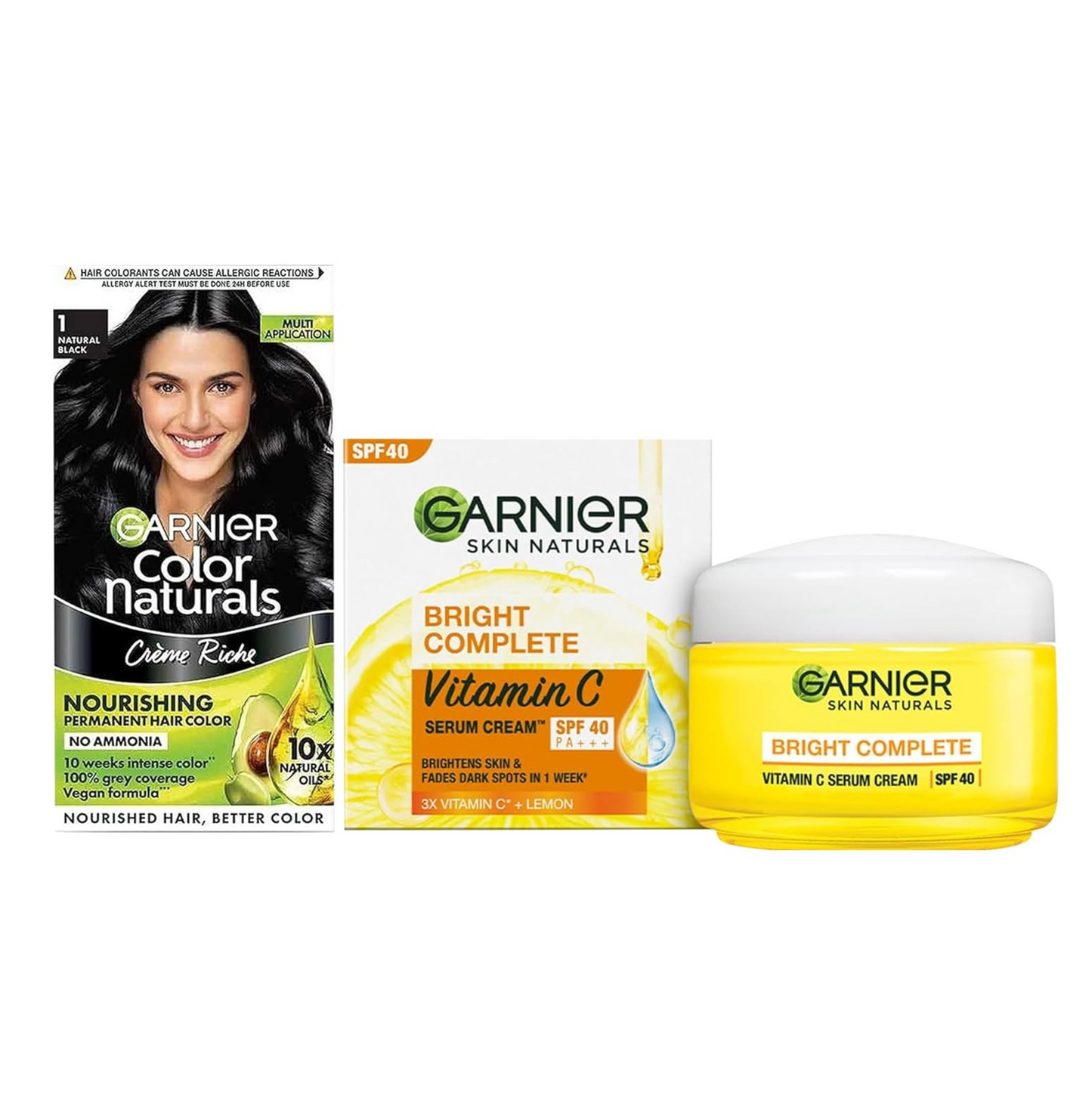 Garnier skincare and hair care products including a hair color box and two skincare creams.