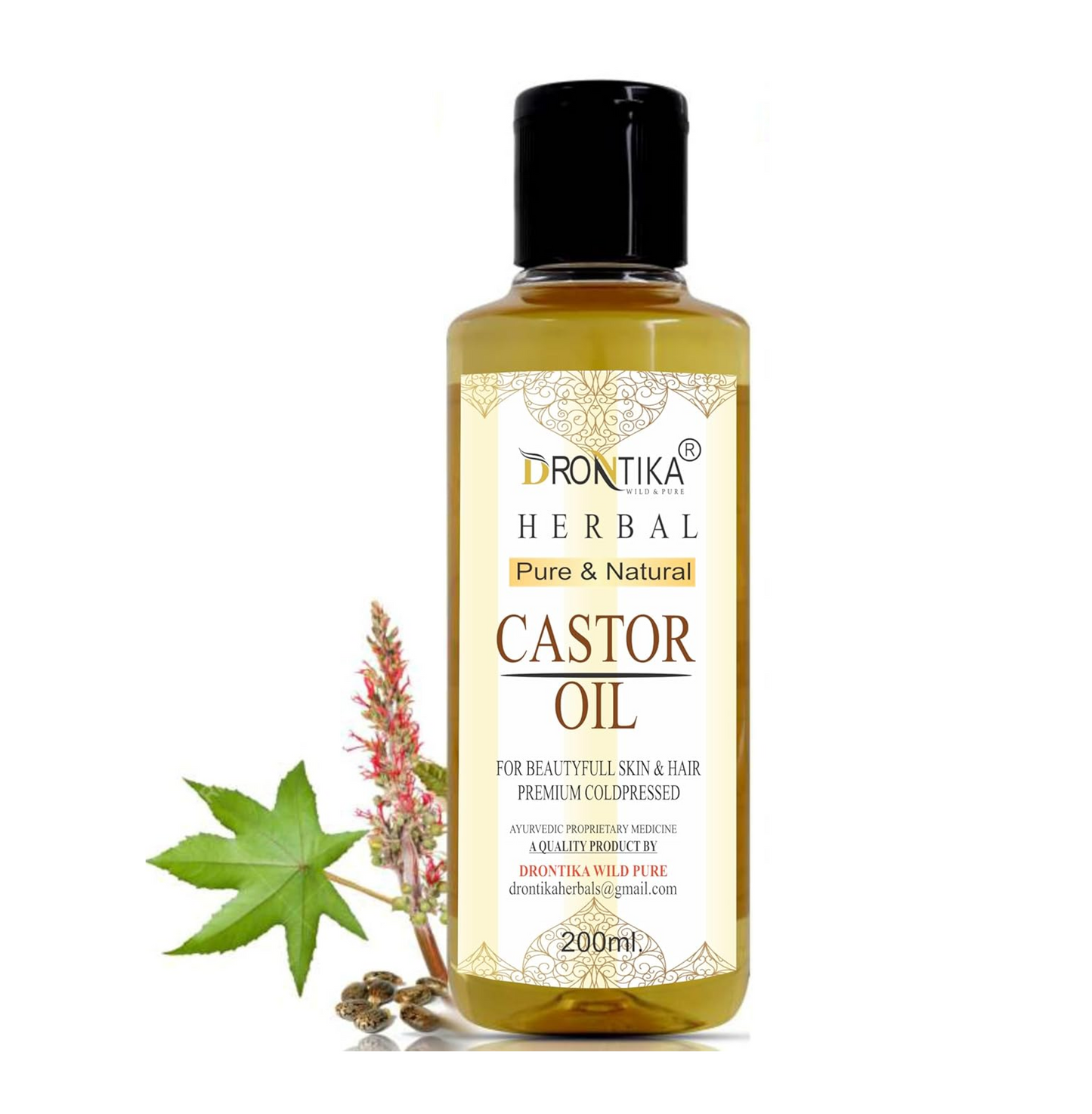 Bottle of DronTika Herbal Castor Oil with a white background