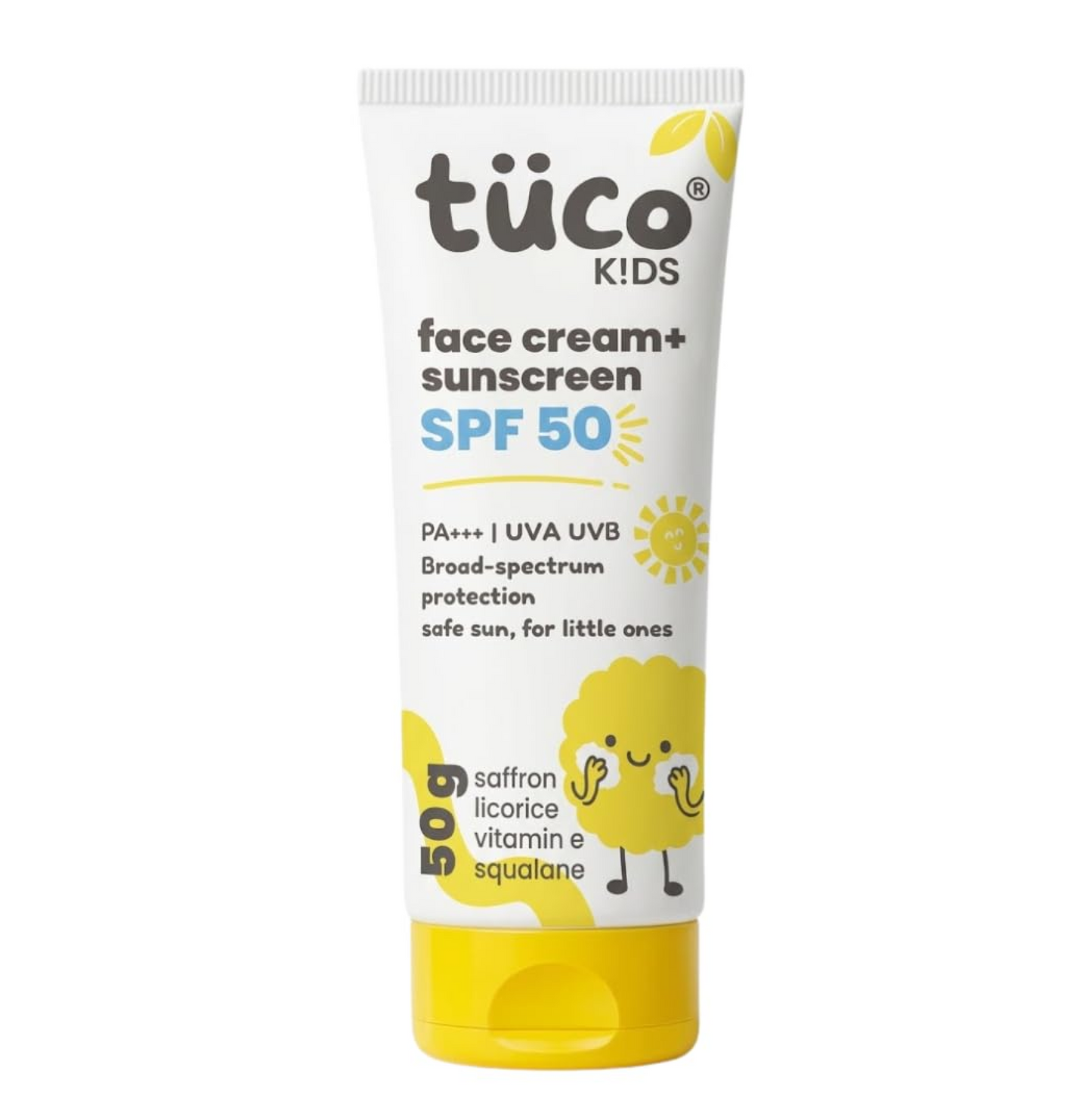 Tube of tüco Kids face cream and sunscreen SPF 50 on a white background