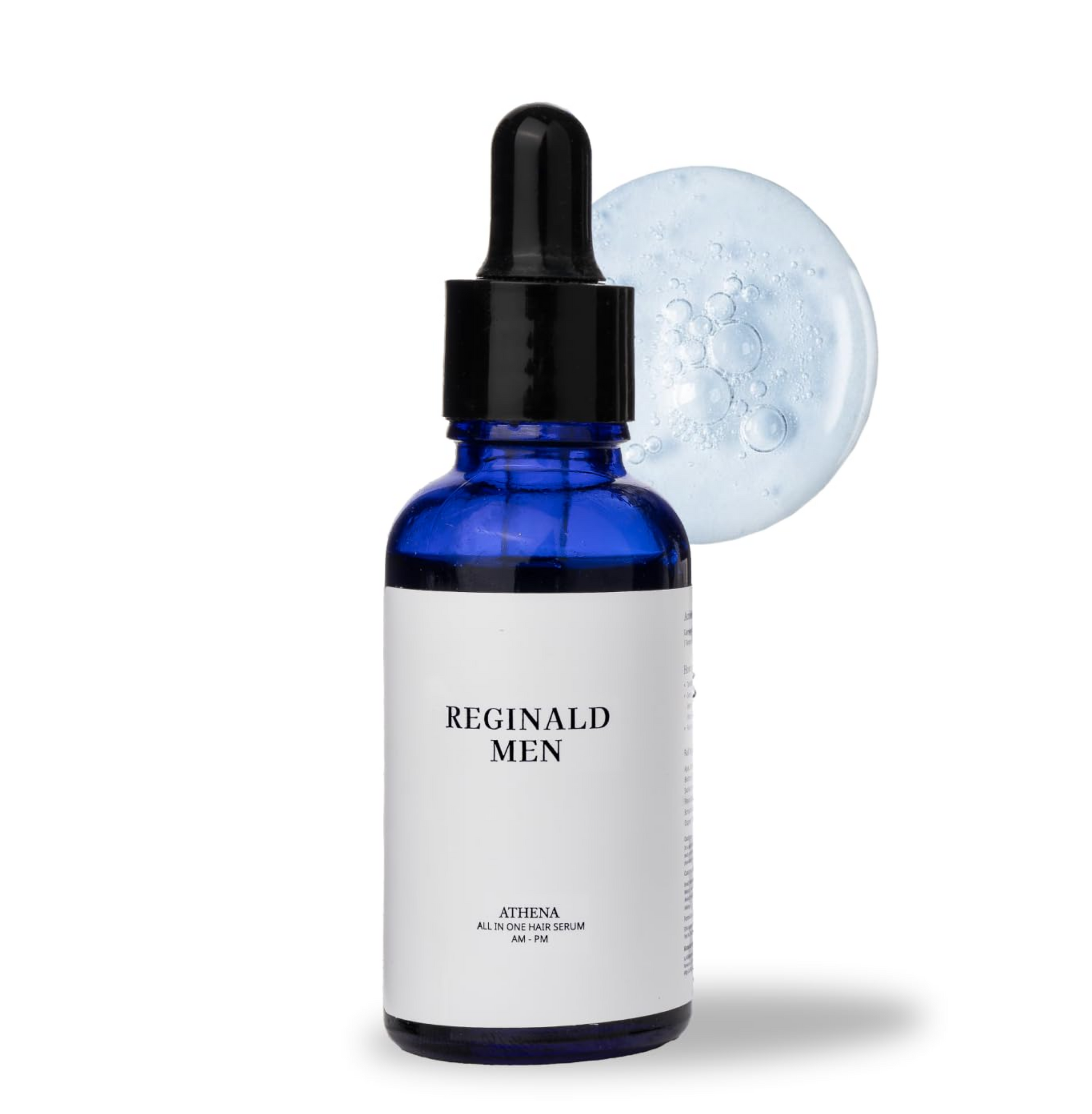 Blue dropper bottle labeled 'Reginald Men' with a white label on a white background