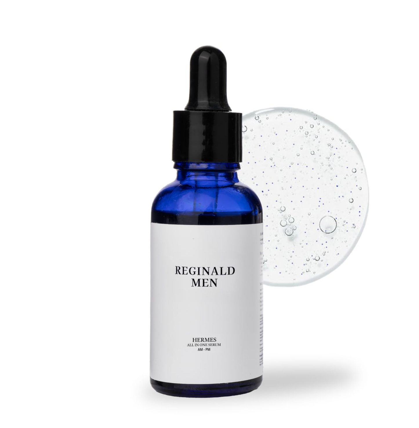 Bottle of Reginald Men skincare product with dropper on a white background