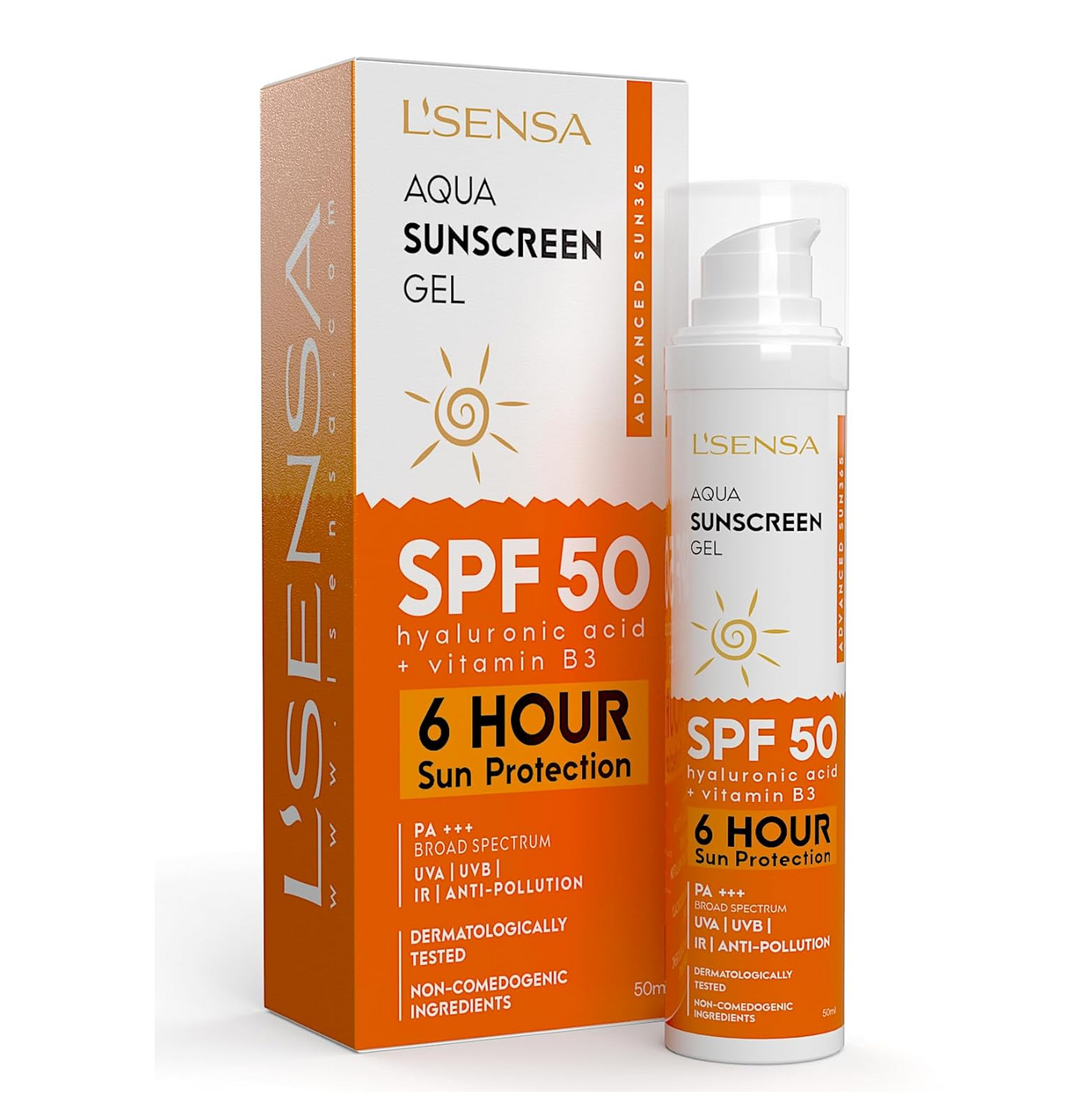 L' Sensa Aqua Sunscreen Gel SPF 50 packaging and bottle on a white background