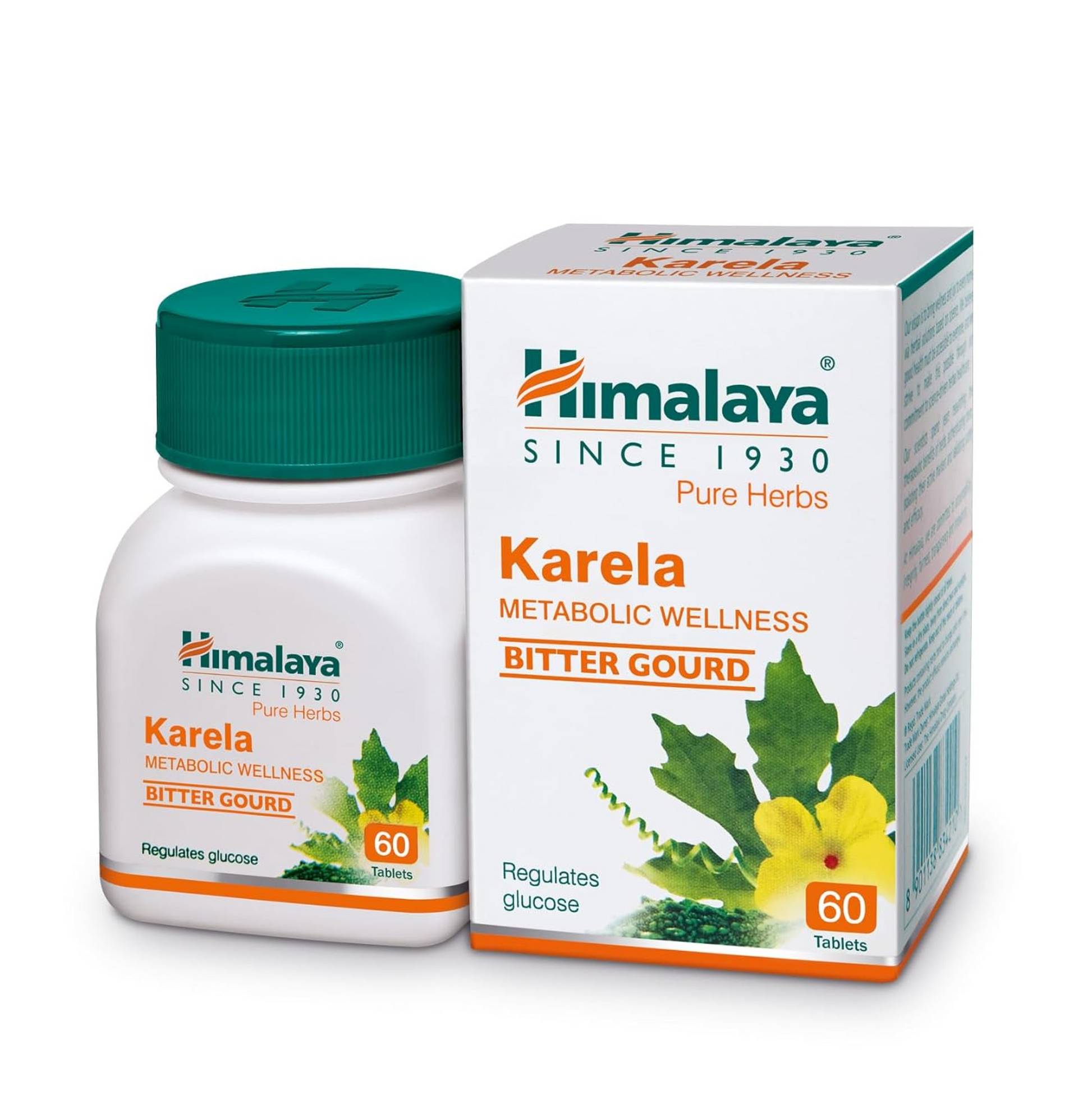Himalaya Karela supplement bottle and packaging on a white background