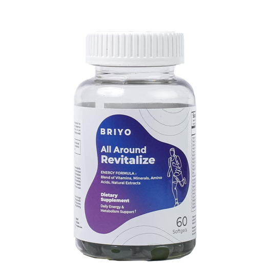 Supplement bottle labeled 'BRIYO All Around Revitalize' on a white background