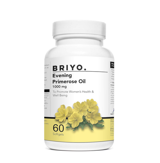 Briyo Evening Primrose Oil supplement bottle on a white background