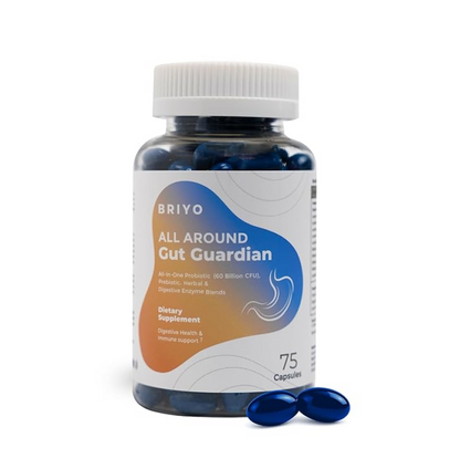 Bottle of Briyo All Around Gut Guardian dietary supplement with blue capsules on a white background