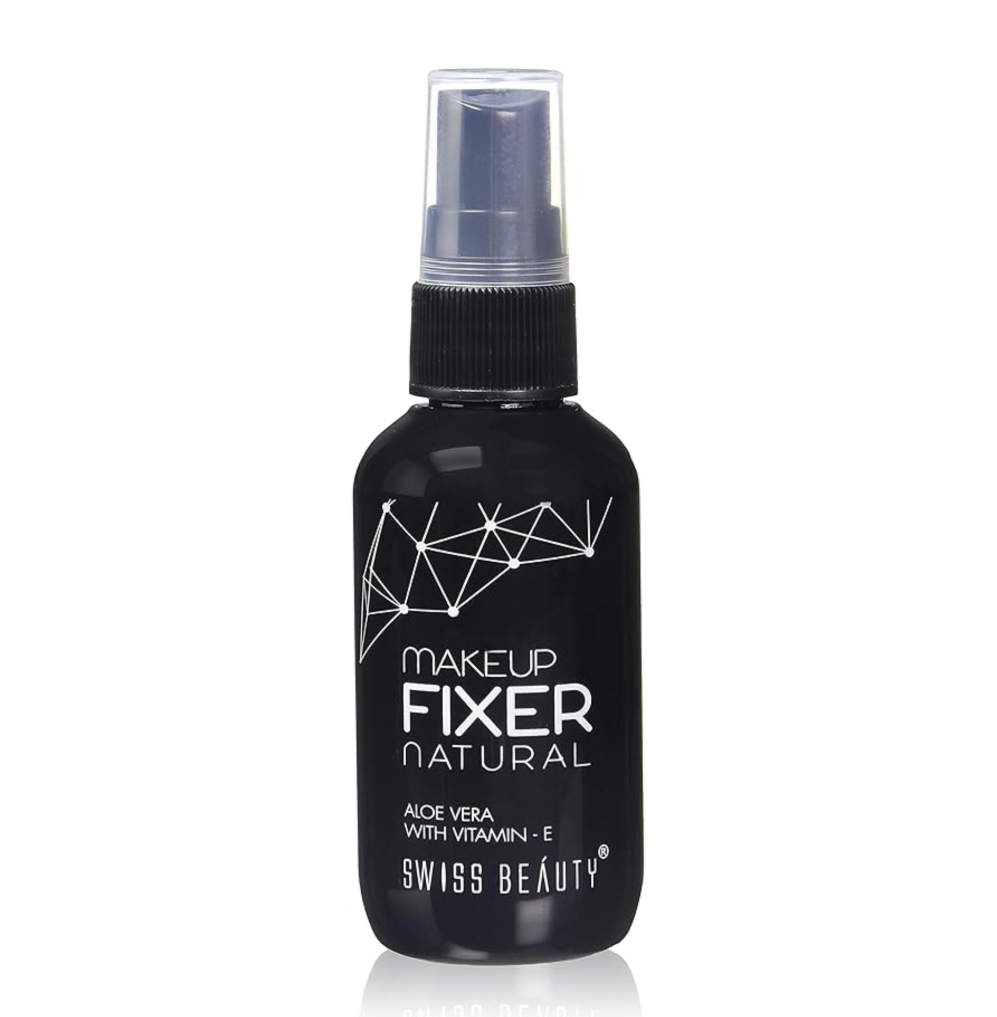 Black spray bottle labeled 'Makeup Fixer Natural' by Swiss Beauty on a white background