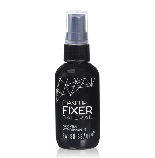 Black spray bottle labeled 'Makeup Fixer Natural' by Swiss Beauty on a white background