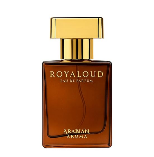 Brown perfume bottle with gold cap labeled 'Royaloud Eau de Parfum Arabian Aroma' on a white background