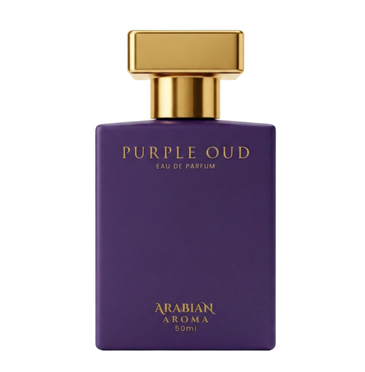 Purple perfume bottle with gold cap and 'Purple Oud' text on a white background