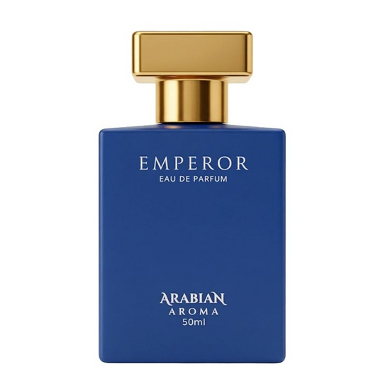 Blue perfume bottle with gold cap labeled 'Emperor Eau de Parfum' by Arabian Aroma on a white background