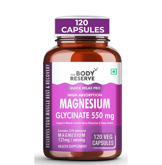 Supplement bottle labeled 'Magnesium Glycinate 550 mg' by The Body Reserve on a white background