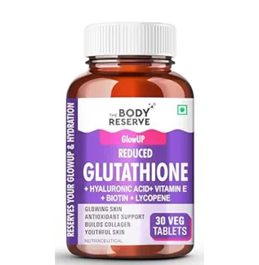 Bottle of The Body Reserve Glutathione supplement on a white background