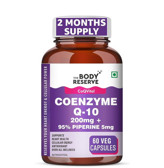 Bottle of Coenzyme Q-10 capsules with purple label on a white background
