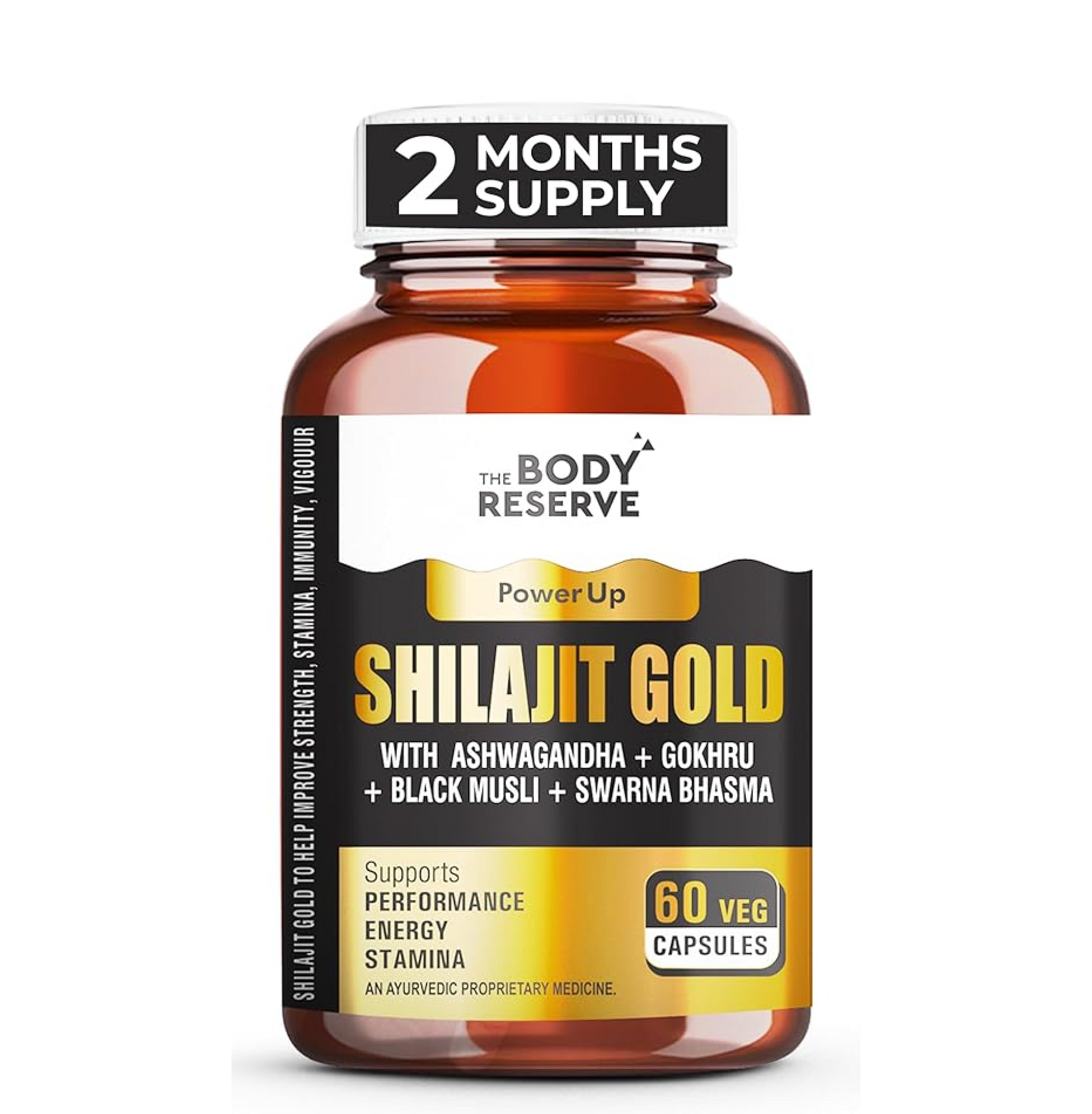 Bottle of Shilajit Gold supplement with 'The Body Reserve' branding on a white background