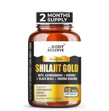 Bottle of Shilajit Gold supplement with 'The Body Reserve' branding on a white background