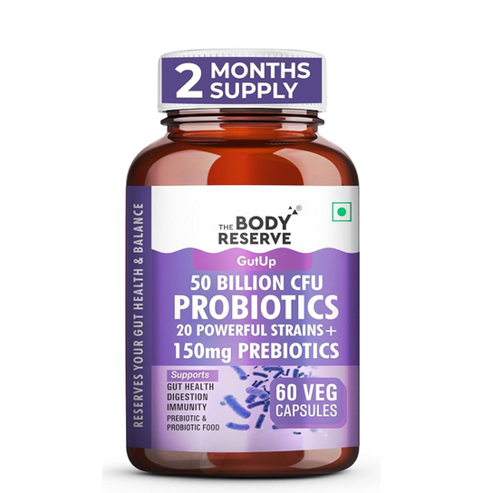 Body Reserve probiotics bottle with purple label on a white background