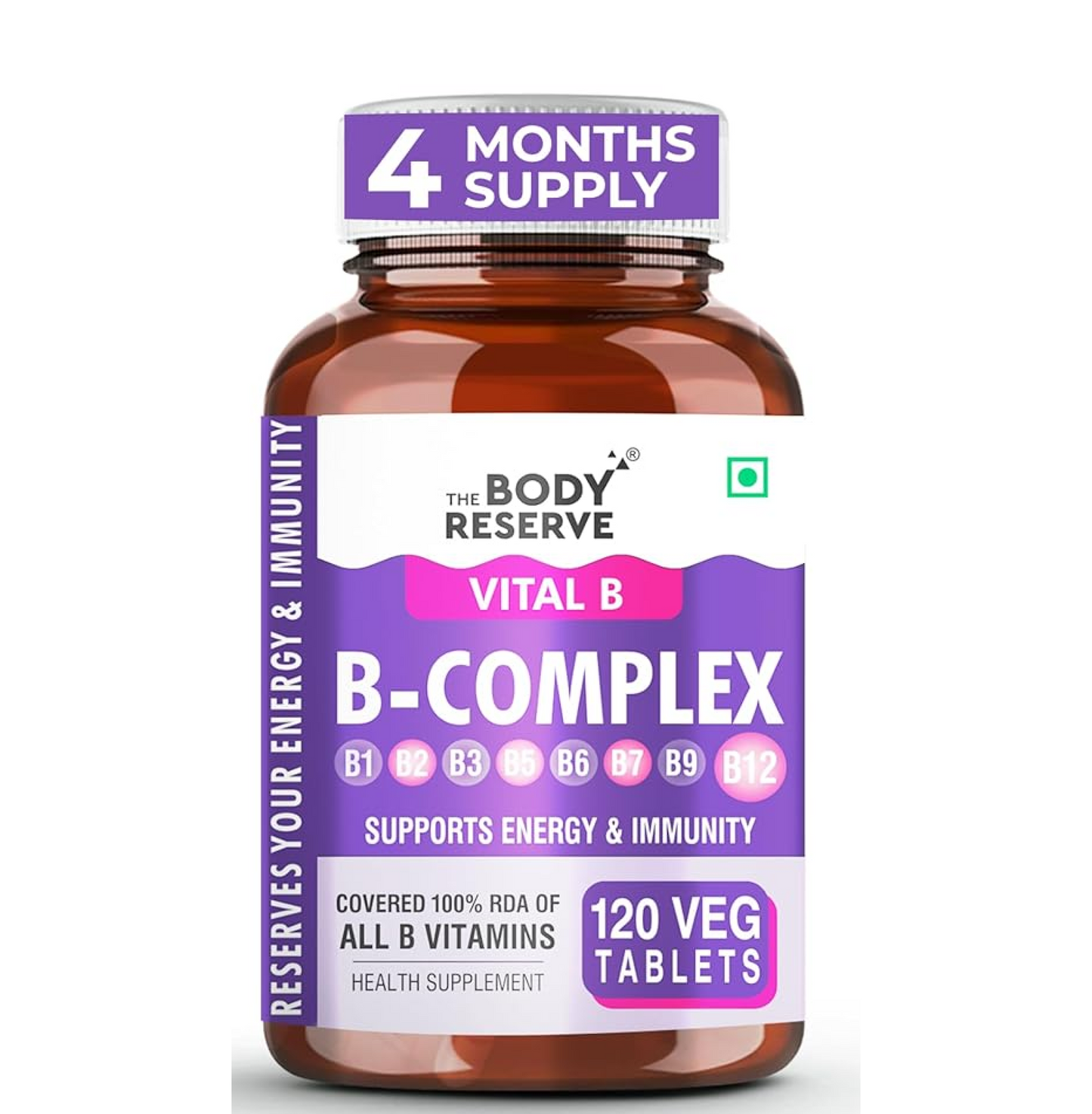 B-complex supplement bottle with label on a white background