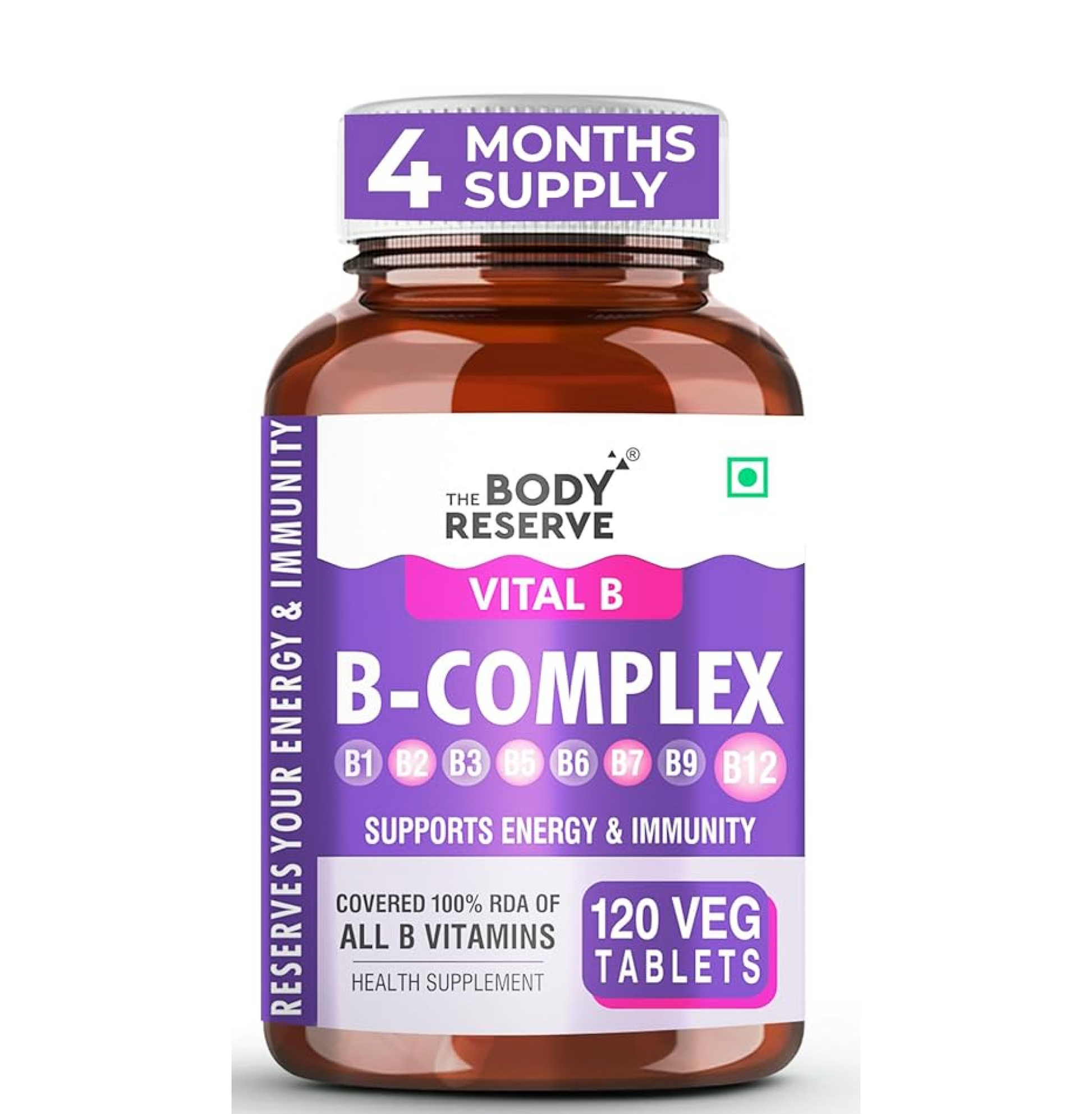B-complex supplement bottle with label on a white background