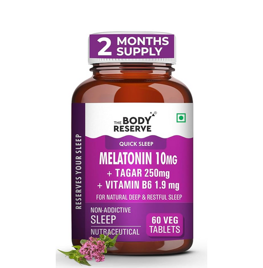 Body Reserve Melatonin supplement bottle with purple label on a white background