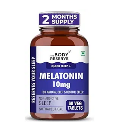 Melatonin supplement bottle with label on a white background