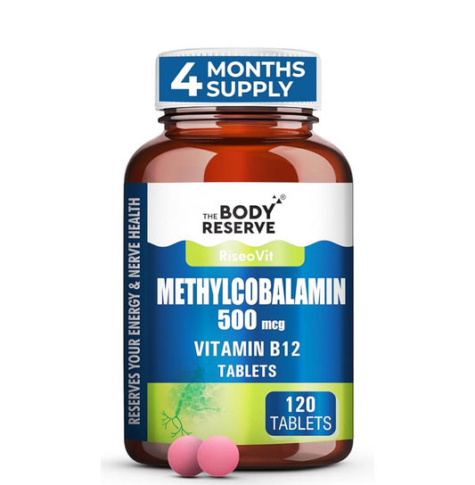 Bottle of Methylcobalamin tablets with a 4 months supply label on a white background
