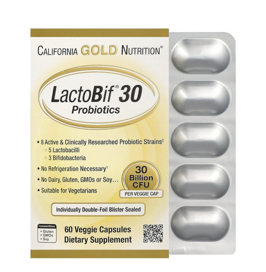 California Gold Nutrition LactoBif 30 Probiotics packaging with silver capsules.