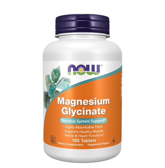 Supplement bottle labeled 'Magnesium Glycinate' with NOW brand on a white background