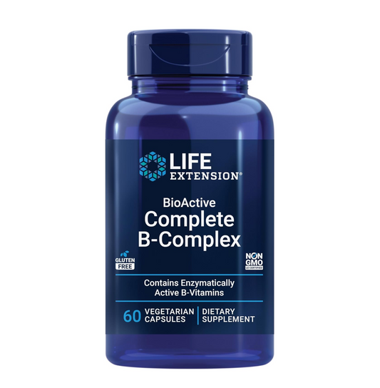 Blue supplement bottle labeled 'Life Extension BioActive Complete B-Complex' on a white background