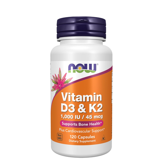 Supplement bottle labeled 'Vitamin D3 & K2' by NOW on a white background