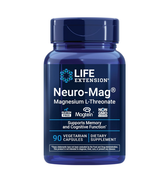 Blue supplement bottle labeled 'Neuro-Mag' by Life Extension on a white background