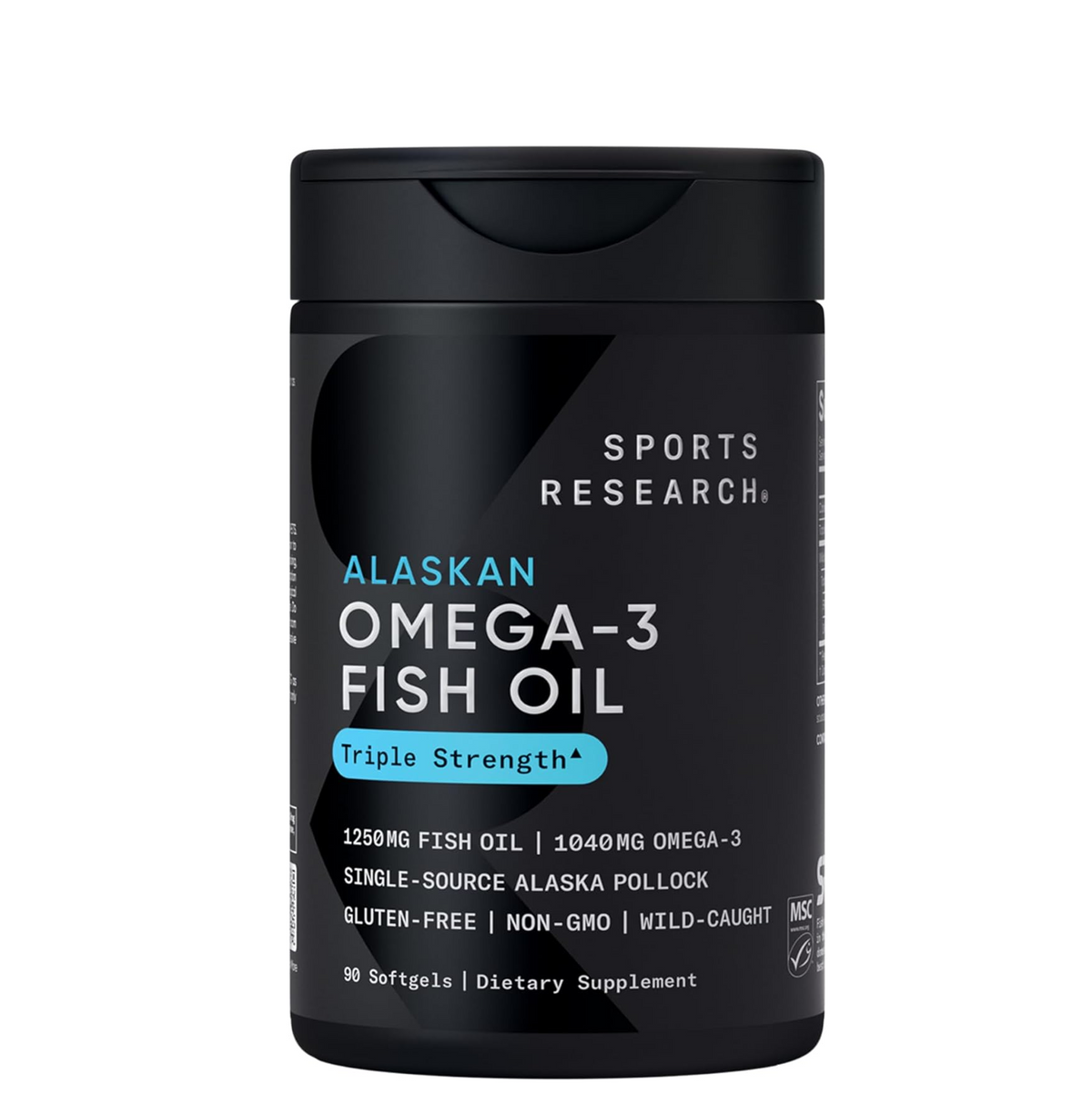 Black container of Sports Research Alaskan Omega-3 Fish Oil on a white background