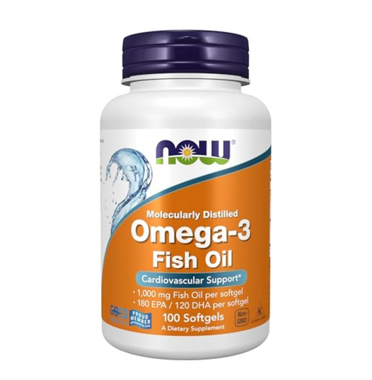 Omega-3 Fish Oil supplement bottle with NOW brand on a white background