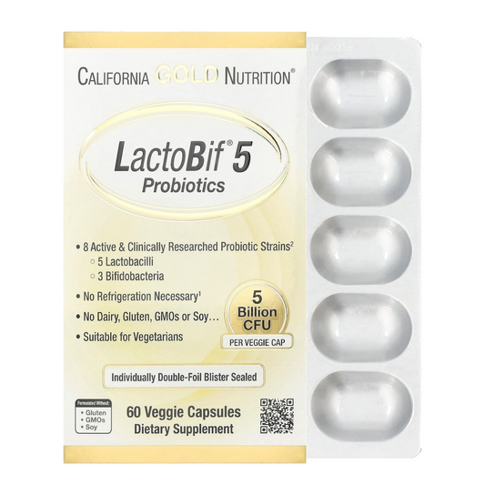 California Gold Nutrition LactoBif 5 Probiotics packaging with capsules on a white background
