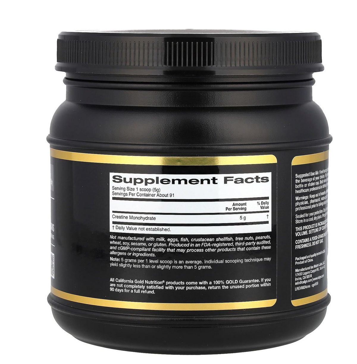 Black supplement container with gold label showing 'Supplement Facts' on a white background