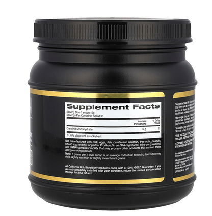 Black supplement container with gold label showing 'Supplement Facts' on a white background
