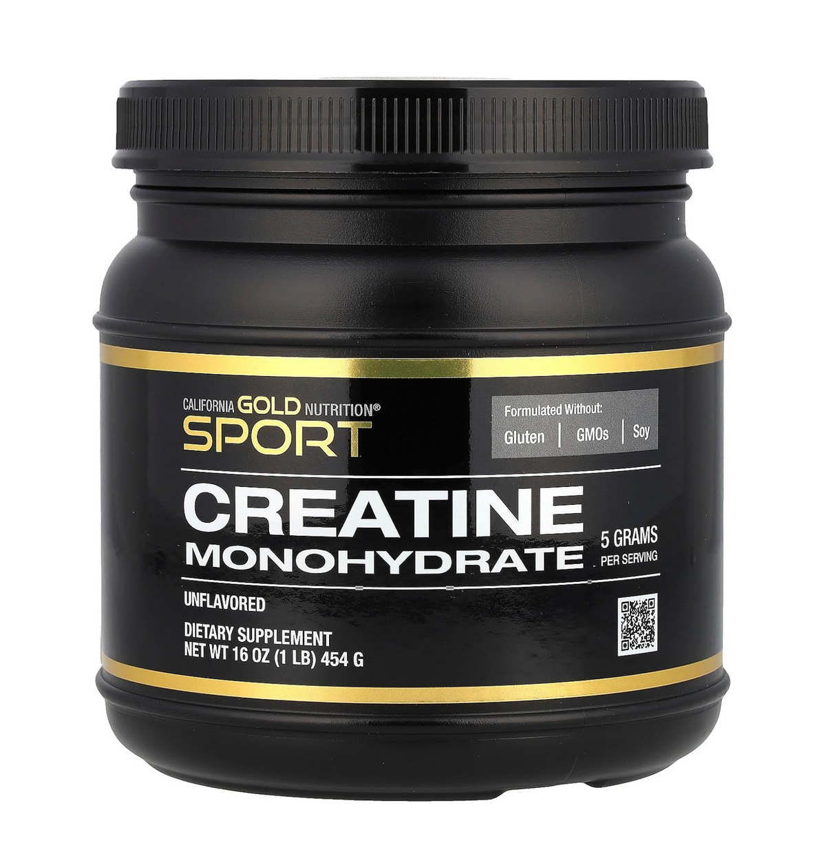 Black container of California Gold Nutrition Sport Creatine Monohydrate on a white background
