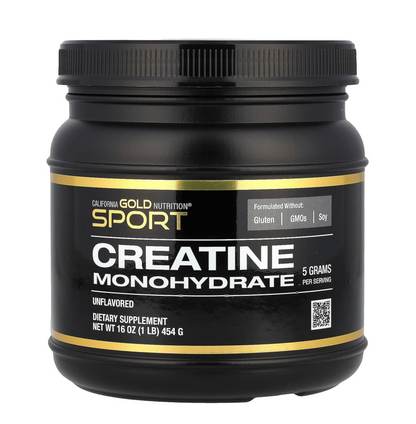 Black container of California Gold Nutrition Sport Creatine Monohydrate on a white background