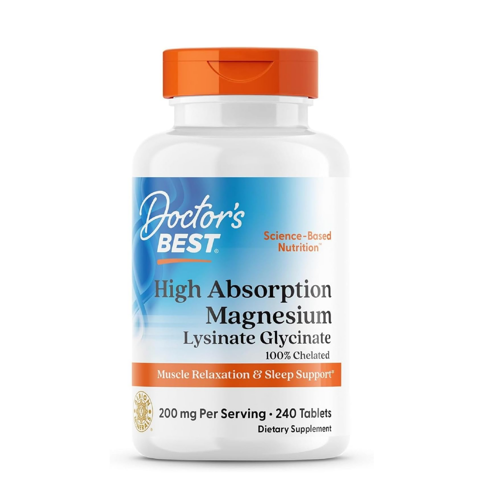 Supplement bottle labeled 'Doctor's Best High Absorption Magnesium' on a white background