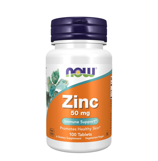 Supplement bottle labeled 'Zinc 50 mg' with Now brand on a white background
