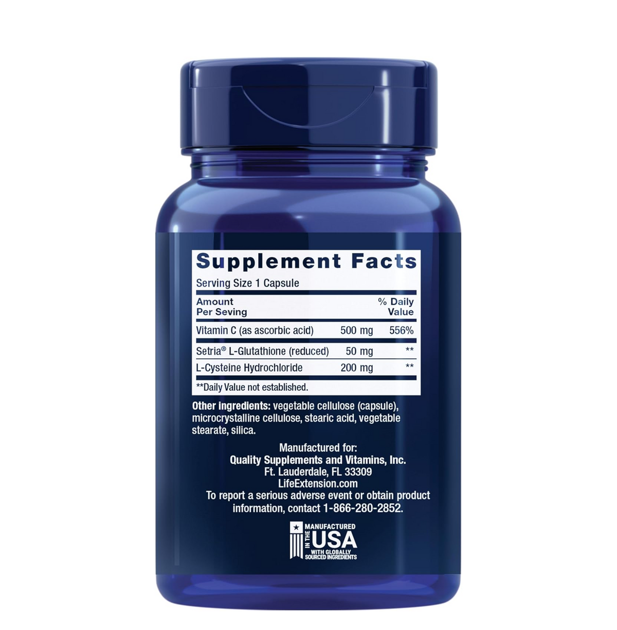 Blue supplement bottle with label on a white background