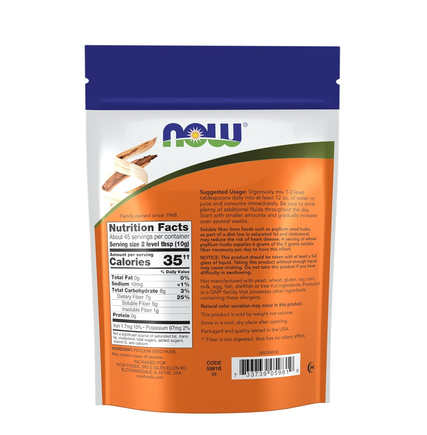 Now Foods product packaging with nutritional information on a white background