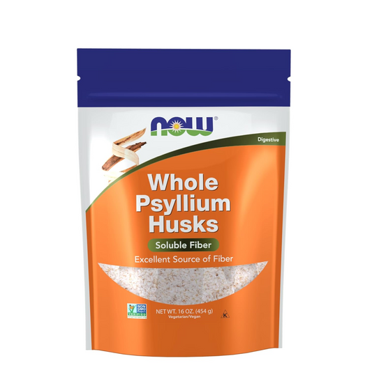 Package of NOW Whole Psyllium Husks on a white background