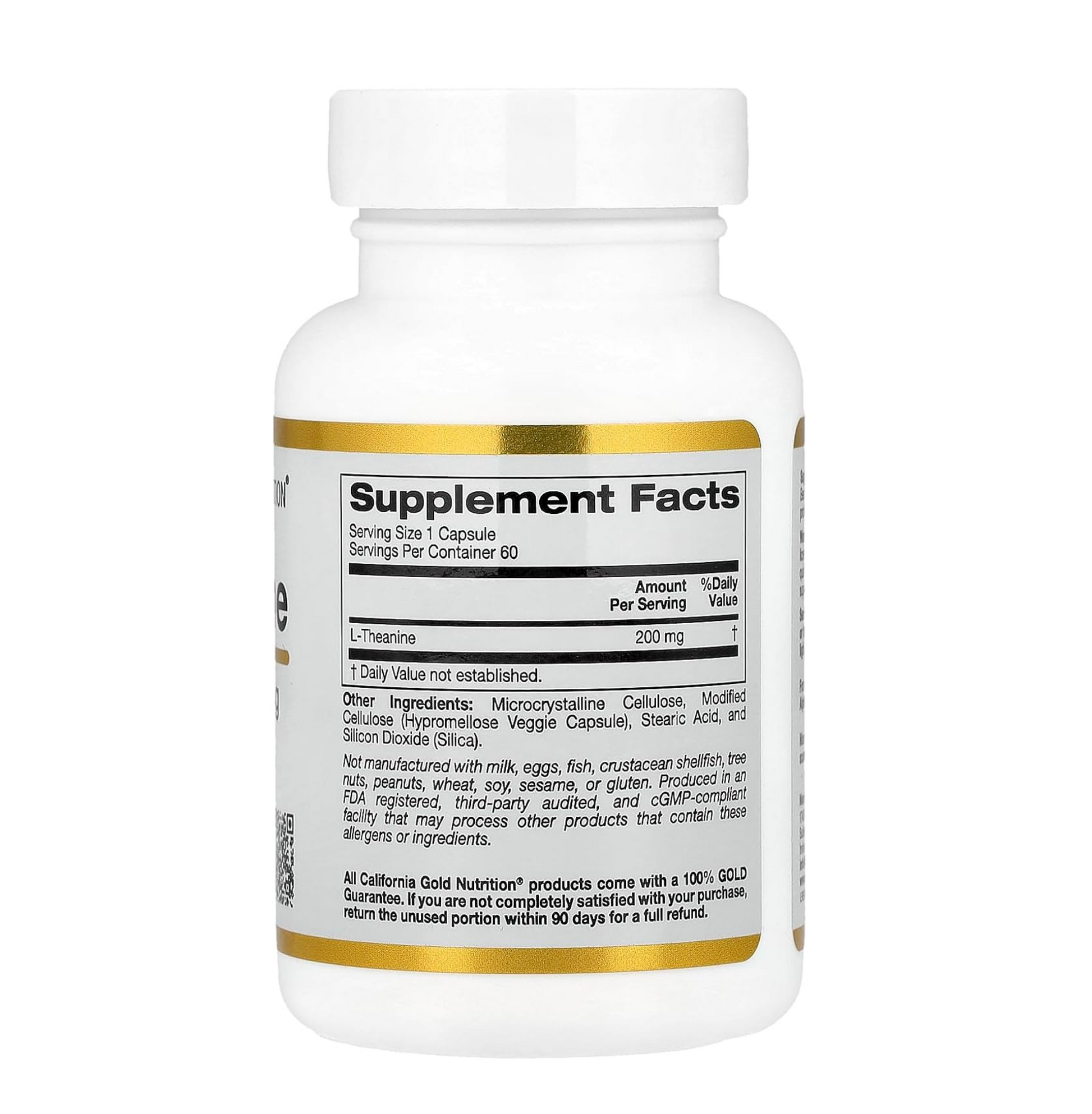 Supplement bottle with gold and black label on a white background