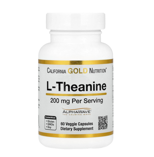 Supplement bottle labeled 'L-Theanine' by California Gold Nutrition on a white background